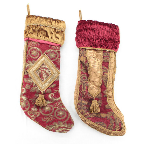 2 Kingsbury Home Christmas Stocking Tassel Red Gold Tapestry Brocade Velvet 25” - Picture 1 of 16